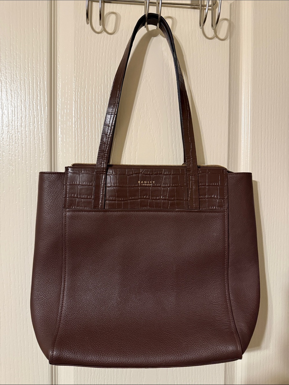 RADLEY LONDON Dark Brown Leather Tote with Croc-Texture Trim